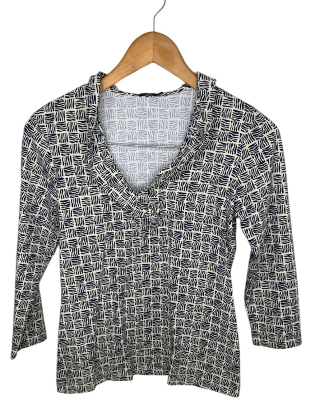 J. McLaughlin Blue White Ruffle Neck 3/4 Length Sleeve Blouse Women Size XS